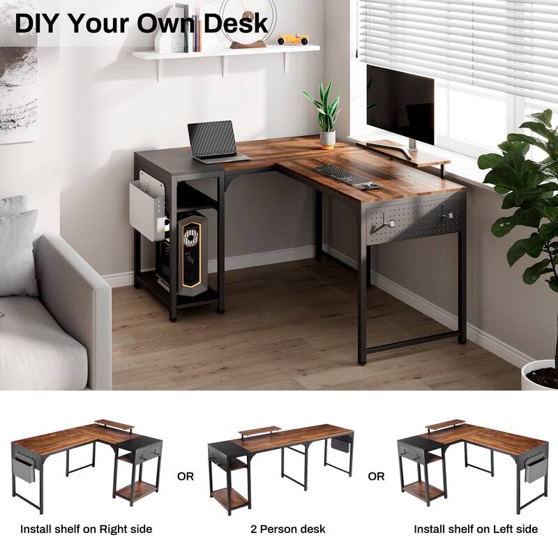 60" L-shaped Computer Desk Home Office Study Writing Desk with Monitor Stand and Storage Shelf