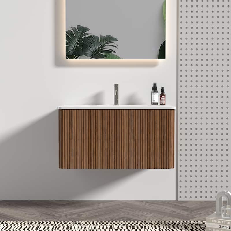 Floating Bathroom Vanity with Glossy White Integrated Ceramic Sink - 29.9'' x 18.3'' x 15.6'' - Walnut