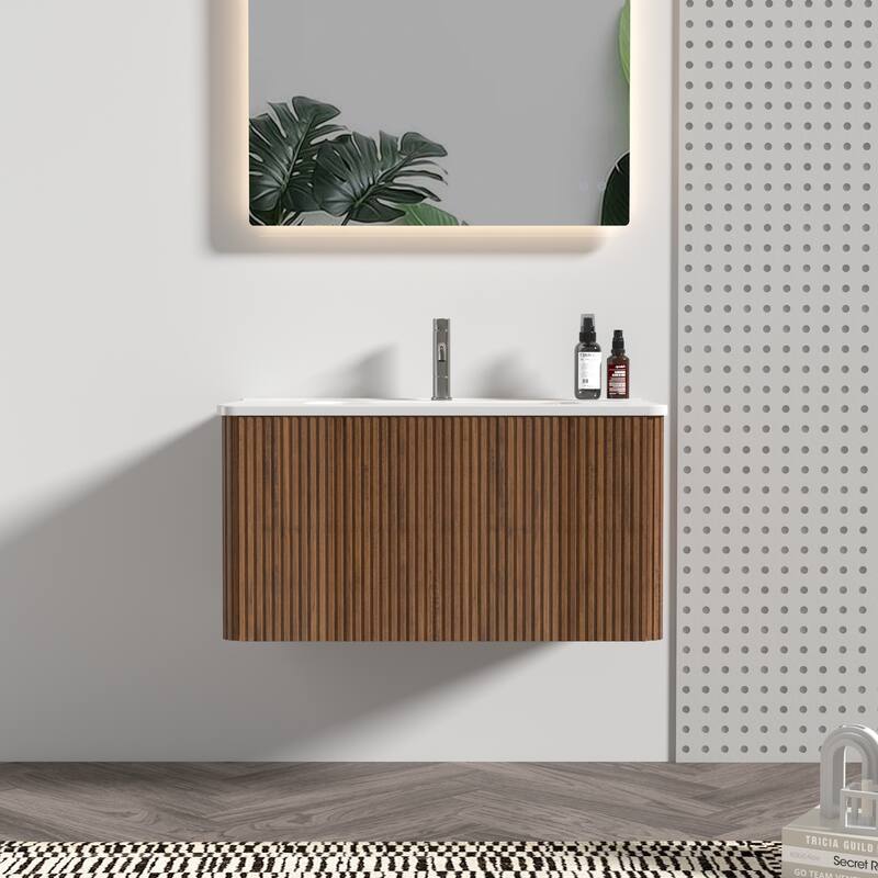 GDFStudio - Etna Floating Bathroom Vanity with Integrated Ceramic Sink, Modern Handle-Free Wall-Mounted Design, Pre-Assembled