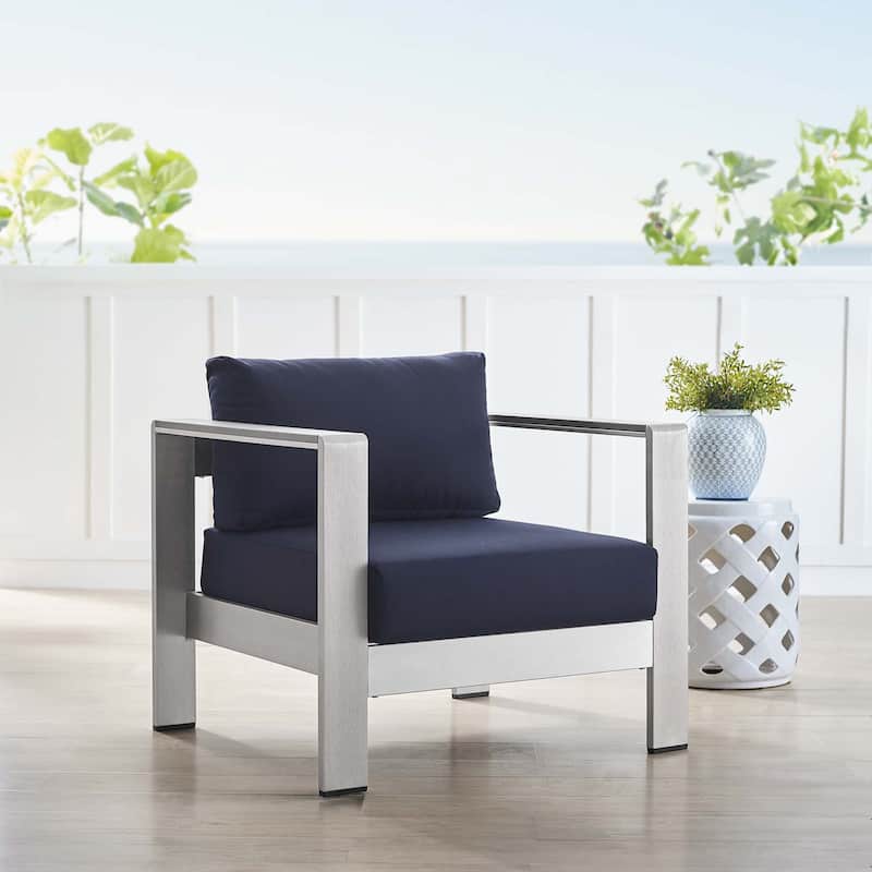 Shore Sunbrella® Fabric Aluminum Outdoor Patio Armchair - Silver Navy