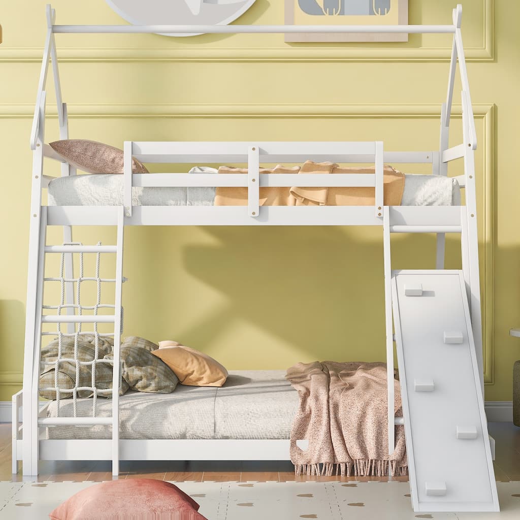 Twin Over Queen House Bunk Bed with Climbing Nets & Climbing Ramp