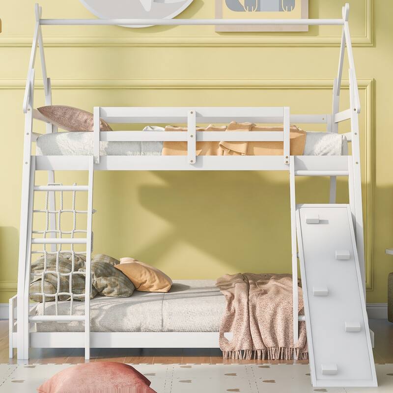 Twin over Queen House Bunk Bed, Solid Wood Low Bunk Bed Frame with Climbing Net & Climbing Ramp, for Kids Teens Boys Girls