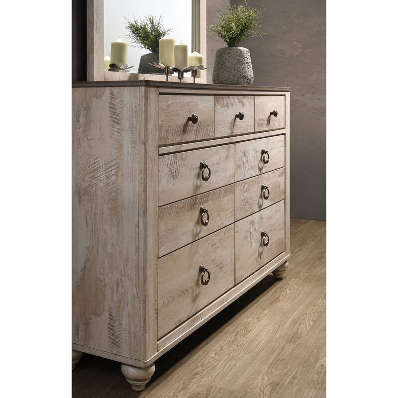 Imerland Contemporary White Wash Finish Bedroom Set with King Sleigh Bed, Dresser, Mirror, Nightstand, Chest