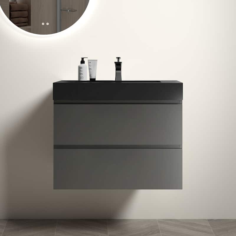 Modern Large Storage Wall Mounted Bathroom Vanity with One-Piece Sink Basin without Drain and Faucet - Black+Grey