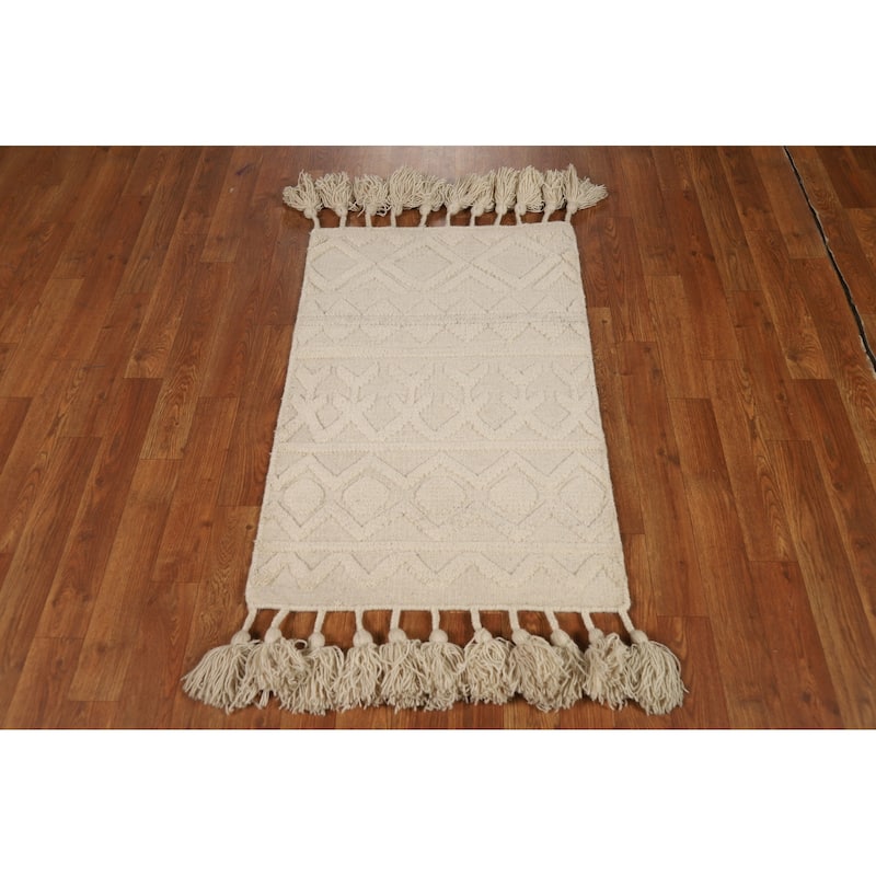 Geometric Ivory Moroccan Oriental Foyer Rug Hand-Knotted Wool Carpet - 2'0"x 3'0"