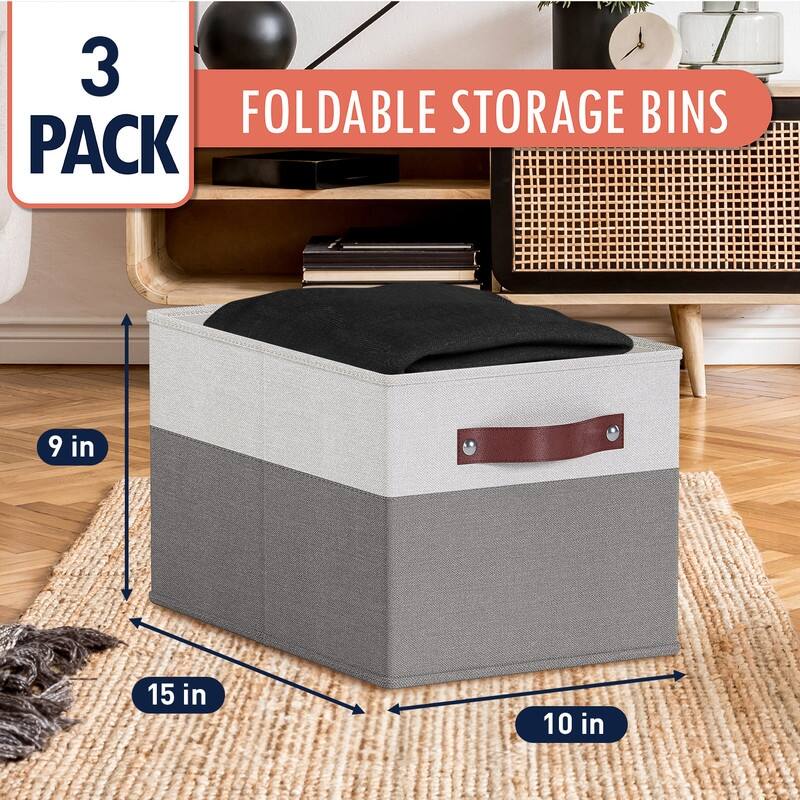 3 Pack Collapsible Shelf Basket Rectangle Storage Bins with Faux Leather Handles