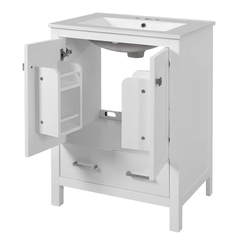24-inch bathroom vanity with integrated undermount basin and a storage cabinet featuring 2 doors and 1 drawer.