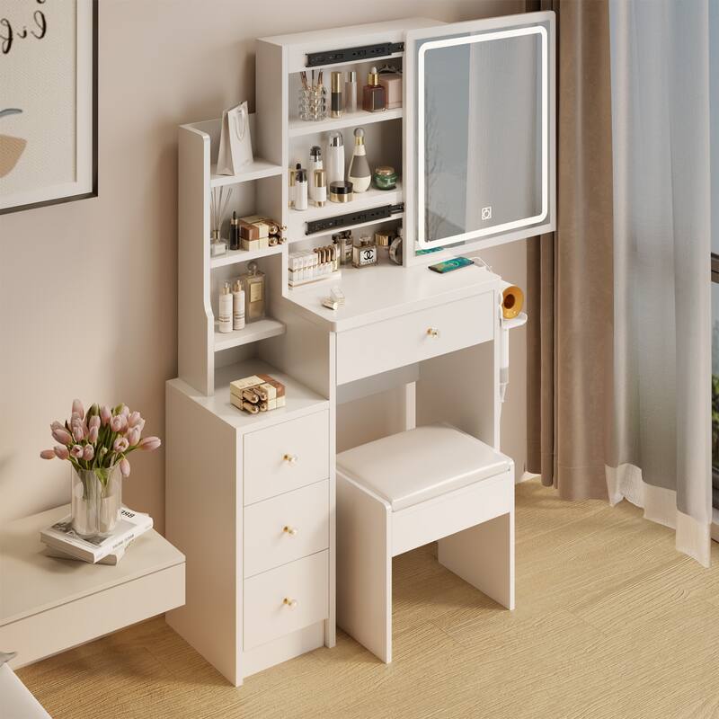 Vanity Table with USB ports,Hair dryer bracket and Sliding LED Mirror