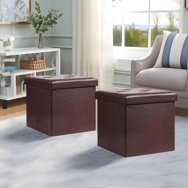 2 PC Storage Folding Ottoman, Storage Footrest Stool, Faux Leather Storage Bench Cube with Padded Seat for Small Space