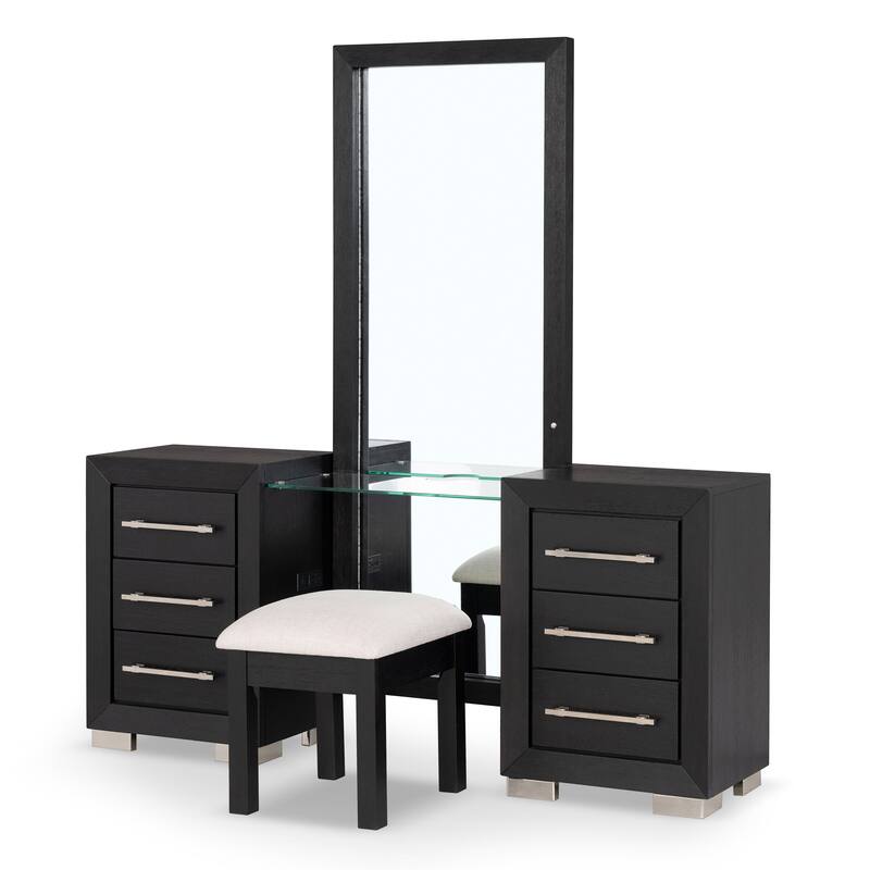 Furniture of America Alaric Modern Black Solid Wood 6-Drawer Vanity Set with LED and Power Outlet