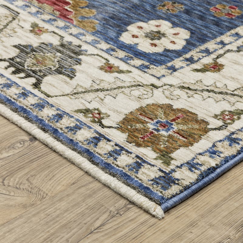 Style Haven Henretta Bordered Floral Blue/ Ivory Fringe Edge Area Rug
