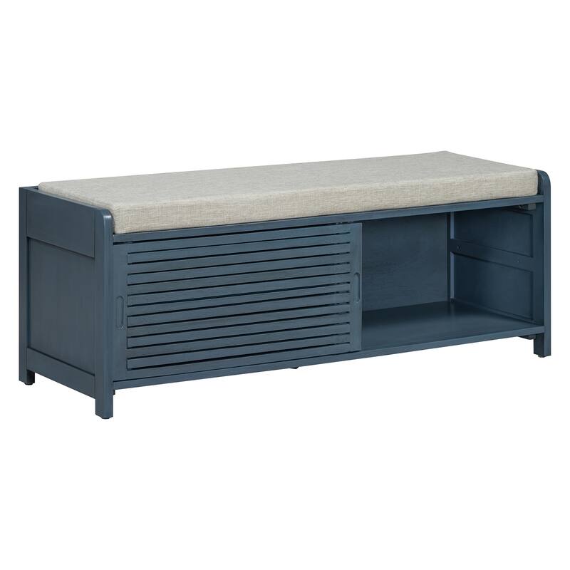 Entryway Bench Storage Shoe Bench w/ Cushion & Sliding Door, Shoe Cabinet Organizer for Living Room, 15.4" W x 43.3" D x 16.5" H