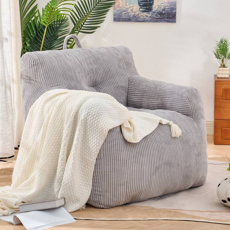 Corduroy Polyester Living Room Bean Bag Chair, Lazy Chair, Single Sofa - Grey