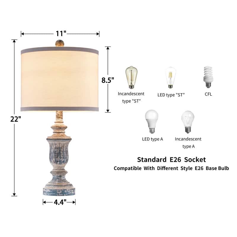 KAWOTI 22" Rustic Table Lamp Set with Fabric Shade(Set of 2) - W11" * H 22"