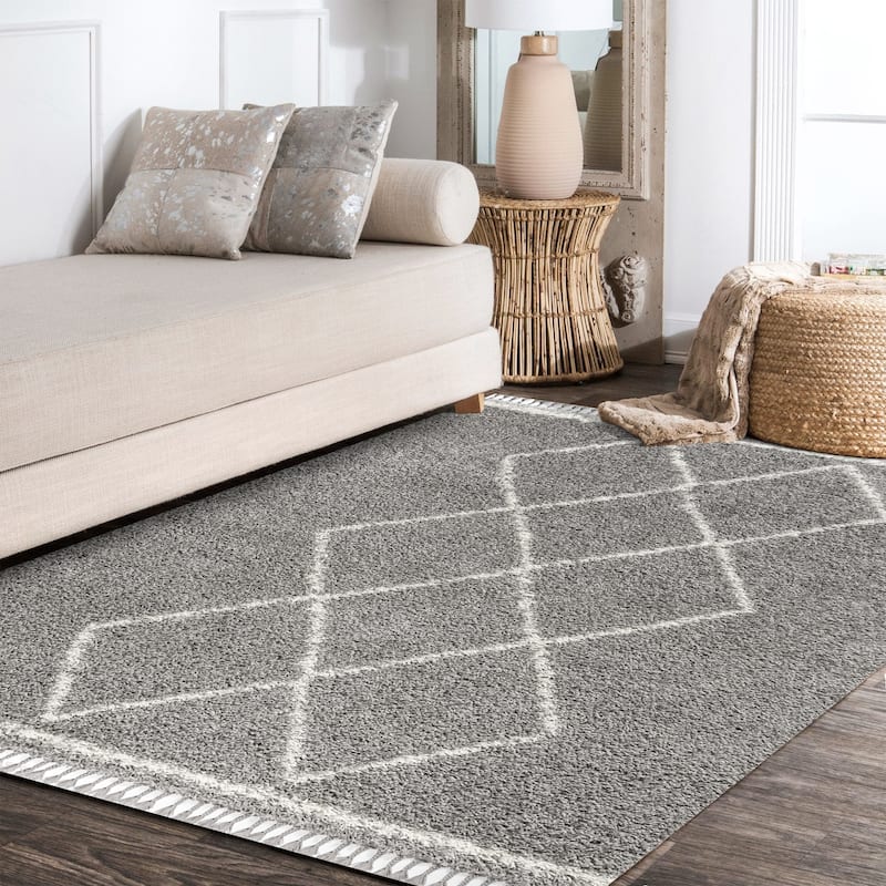 JONATHAN Y Modern Shag Plush Tassel Moroccan Tribal Geometric Trellis Area Rug