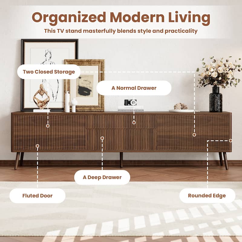 70" Fluted Modern TV Stand for 80" TVs, Entertainment Center with Soft-Close Drawers, Solid Wood Legs