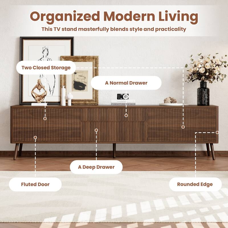 Rossetta 70'' Modern Clean Design rounded edges TV Stand with Cable Management and Drawers, up to 80"