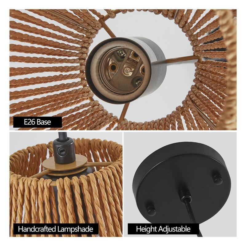 7" Set of 3 Rustic Hemp Rope Pendant Light, Handcrafted Farmhouse Hanging Light Fixture, Adjustable Height Ceiling Lamp - Wood