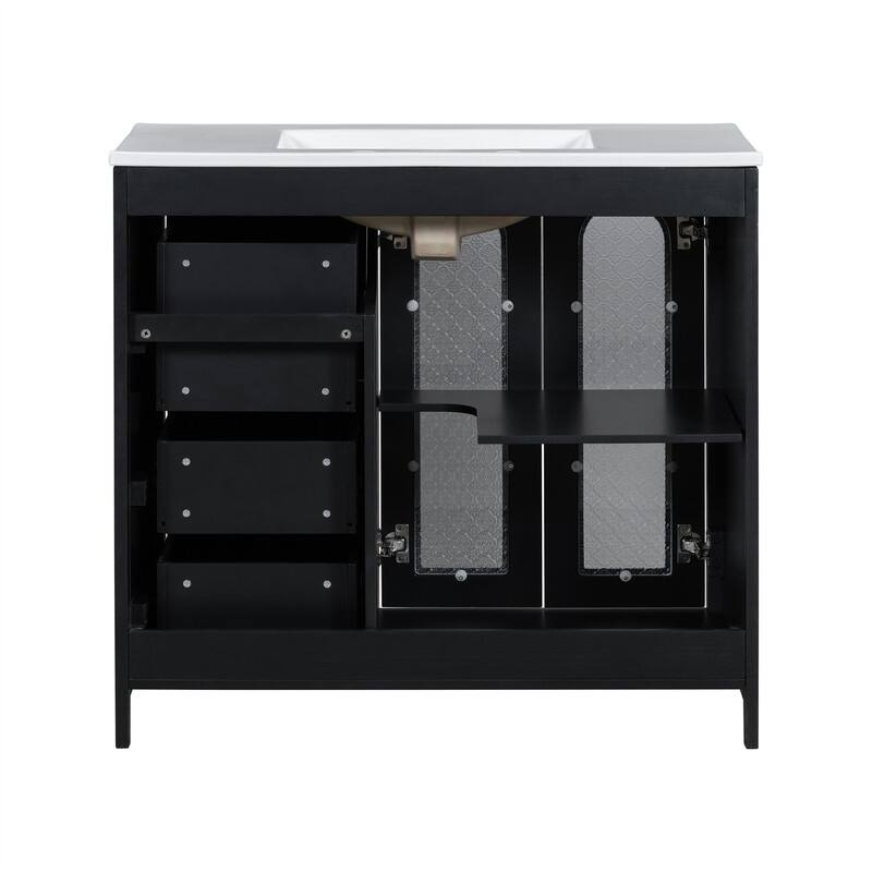 36'' Bathroom Vanity with Ceramic Sink Top, Bathroom Storage Cabinet with 2 Soft Close Doors, 3 Drawers and Adjustable Shelf