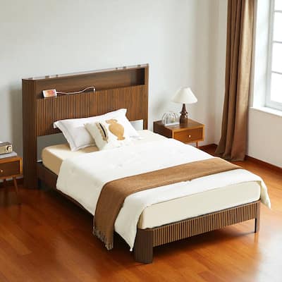 Full XL/Queen Bed Frame with Storage Headboard, USB Charging Station, Noise-Free Metal Platform with Curved Design