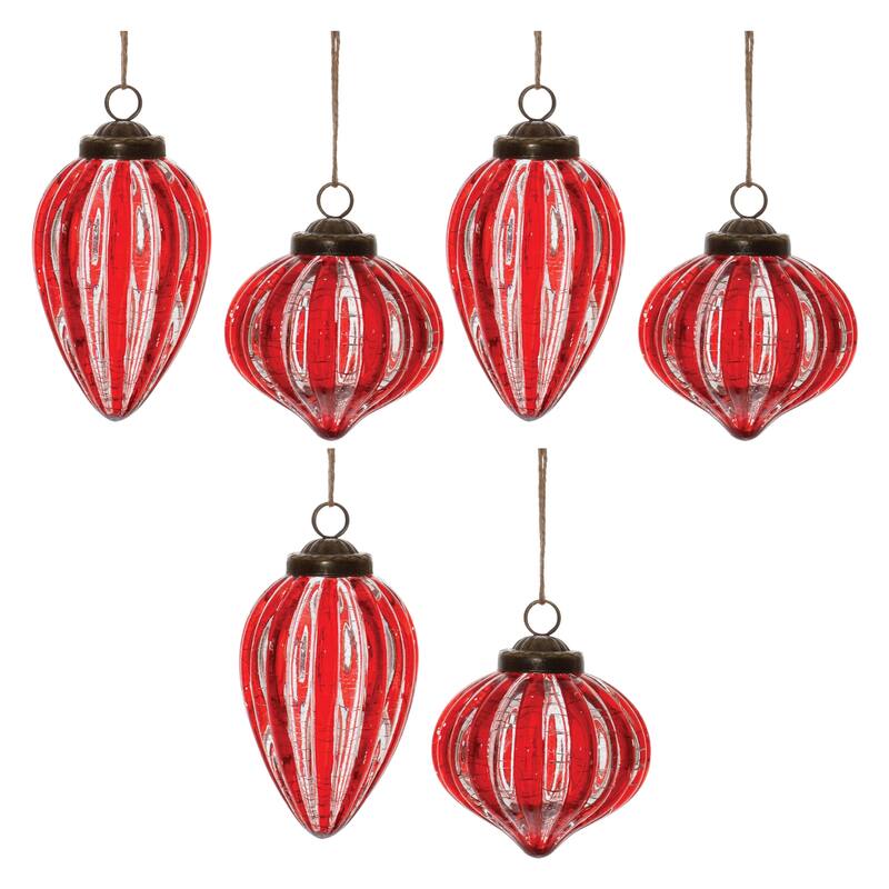 Red Ribbed Crackle Glass Ornament (Set of 6)