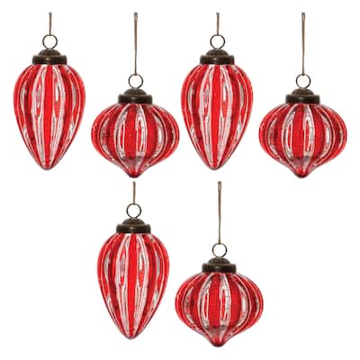 Set of 6 Glass Christmas Tree Ornaments Red Ribbed for Seasonal Decor - 3" x 3" x 3.75"