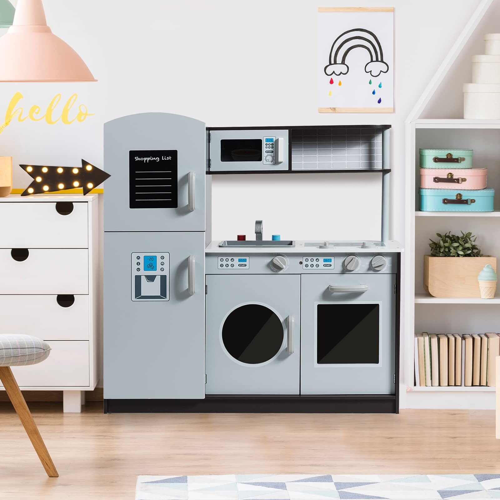 Kids Kitchen Playset Wooden Little Chef Pretend Toy Kitchen Set w Sounds Sink Stove Microwave Storage Cabinet Shop List