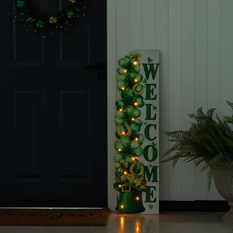 Glitzhome 42"H St. Patrick's Lighted Wooden Stacked Shamrock Porch Decor with Timer