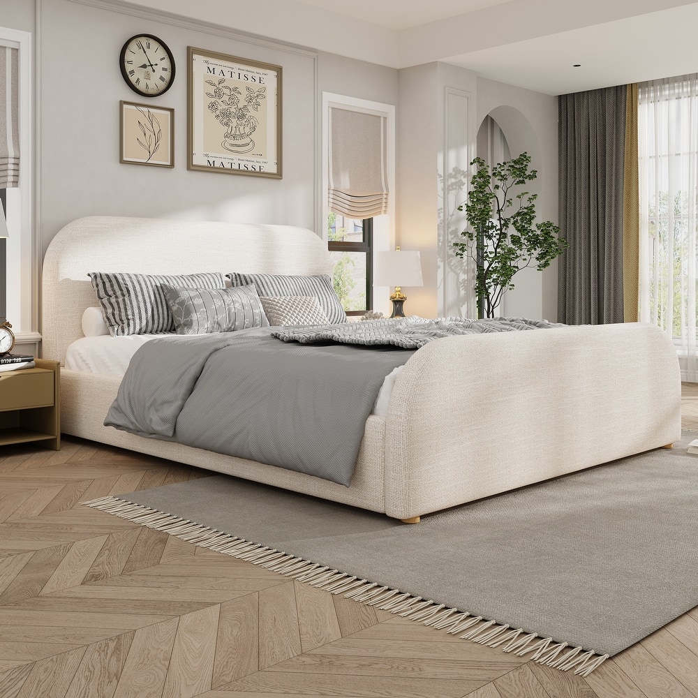 Beige Linen Upholstered Bed Curved Headboard Wingback Frame Low Profile Platform Bed