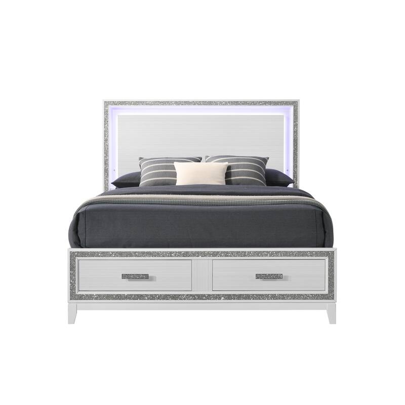 White Particle Board Queen Bed with Storage, Haiden Collection, LED
