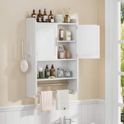 VECELO Bathroom Wall Cabinet Over Toilet Storage Cabinet Medicine Cabinet Space Saving with 2 Doors Open Shelves Towel Bars