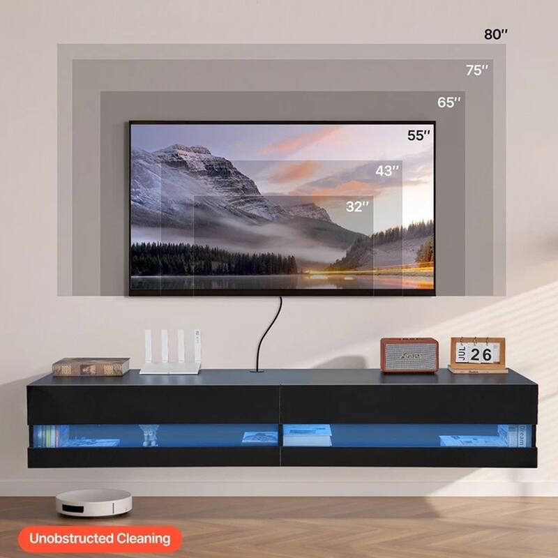 Floating TV Stand 71" Power Outlet & LED Light Black - 73 inches