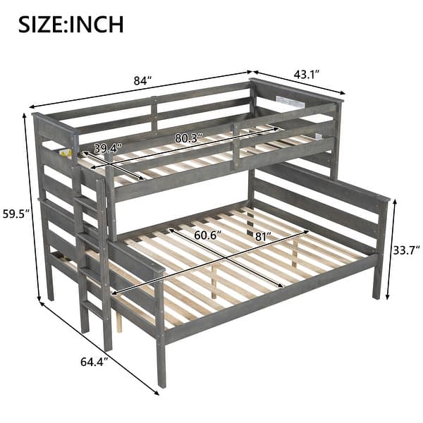 dimension image slide 0 of 2, L-shape Bunk Bed with Ladder and Guardrail, Wood Twin XL over Queen Bunk Bed with Under-bed Storage Space for Kids Teens