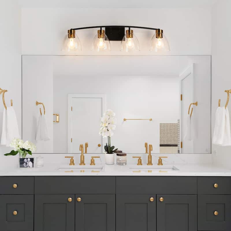 Modern Farmhouse 4-Light Black Gold Bathroom Vanity Lights Glass Wall Sconces - D32.3" x H8.6"