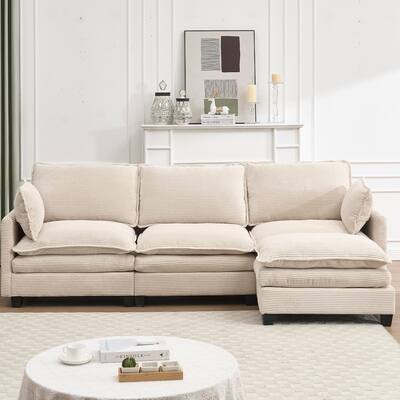 Comfy Corduroy Upholstered Deep Seat Couch L-shaped Sectional Sofa with Ottoman Chaise Lounge and 2 Lumbar Pillows