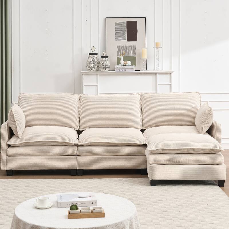 Modular Sofa , Velvet Large U-Shaped Couch Comfy Upholstered 3-Seat Sofa with 1 Ottoman, 2 Lumbar Pillow, Deep Seat Couch