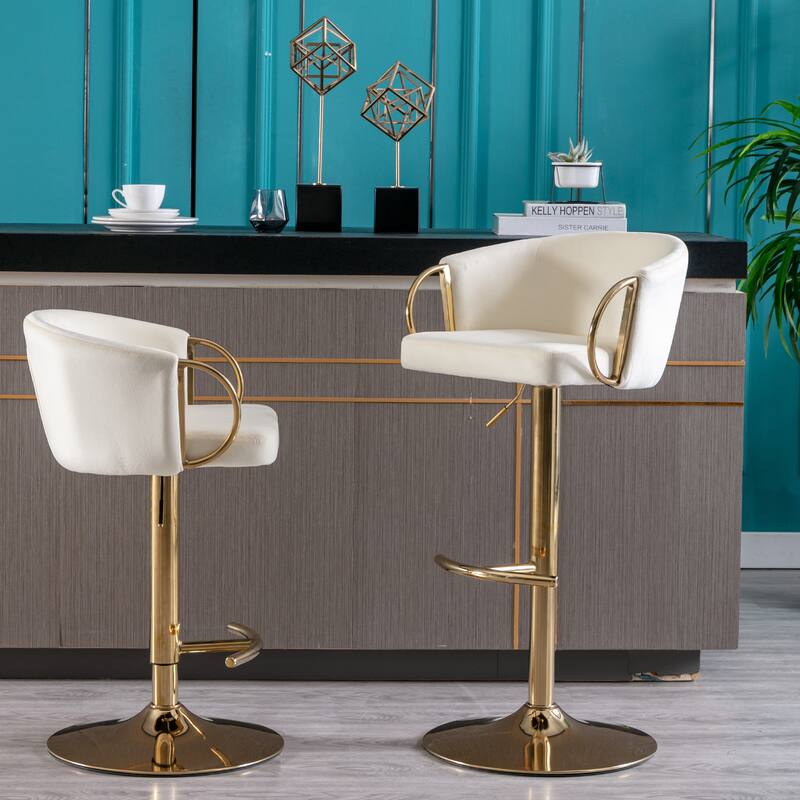 2 Velvet Bar Stools with Chrome Footrest and Base Swivel Height Adjustable - N/A