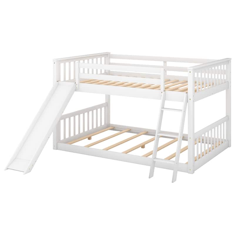Full Over Full Floor Bunk Bed with Slide and Ladder, Wood Bunk Bed