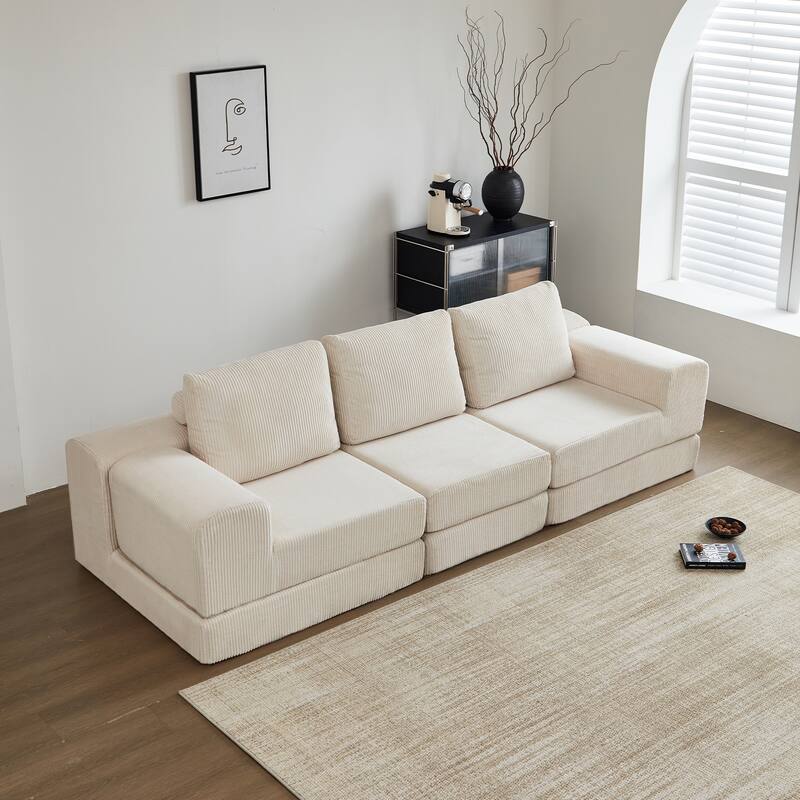 108'' Corduroy Convertible 3-Seater Sofa Bed in Beige with Foam Material