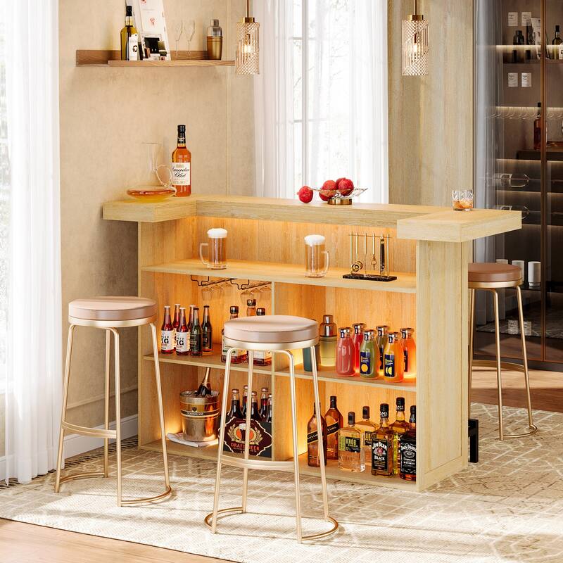 Industrial Wood Bar Table Liquor Cabinet with Wine Glass Holder