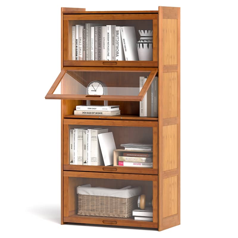 Gymax 4-Tier Bamboo Bookshelf w/Doors See-through Acrylic Doors