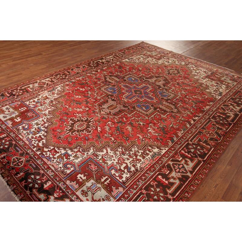 Geometric Heriz Persian Vintage Area Rug Hand-Knotted Red Wool Carpet - 7'5"x 10'9"