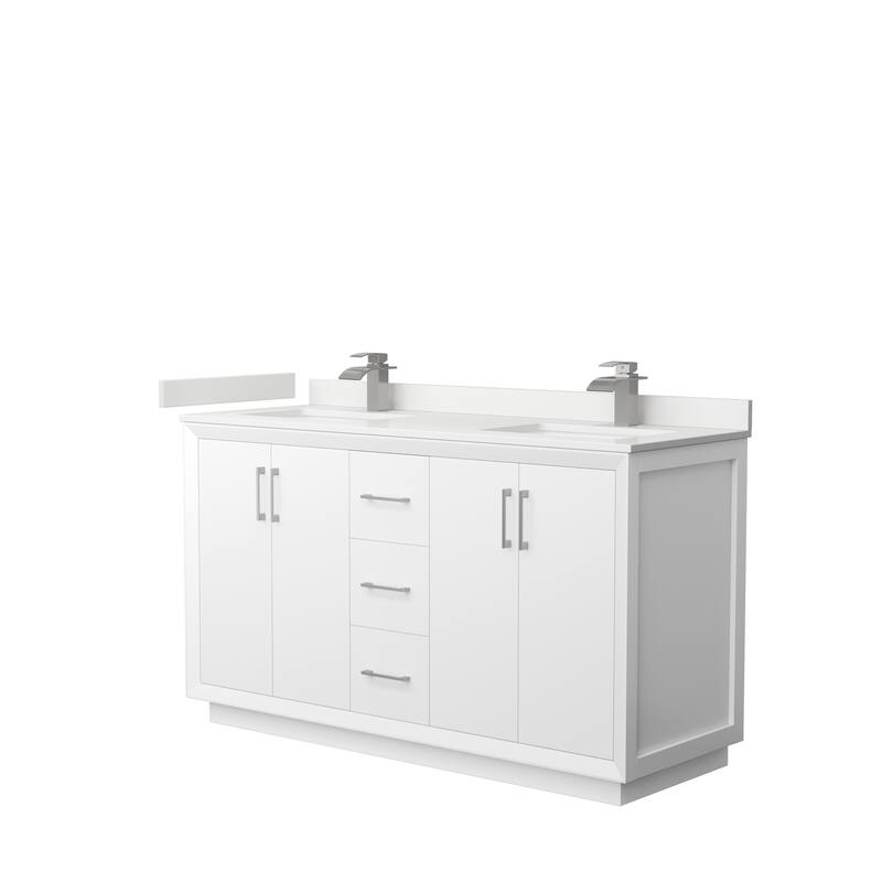 Strada 60-inch Double Vanity, Quartz Top - White, Nickel Trim, White Quartz Top
