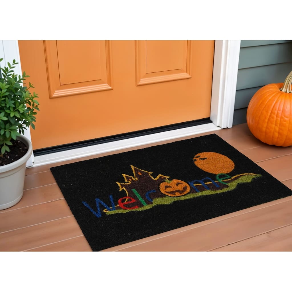 HomeRoots 17" X 29" Black And Orange Coir Welcome Outdoor Halloween Door Mat - 17' X '29
