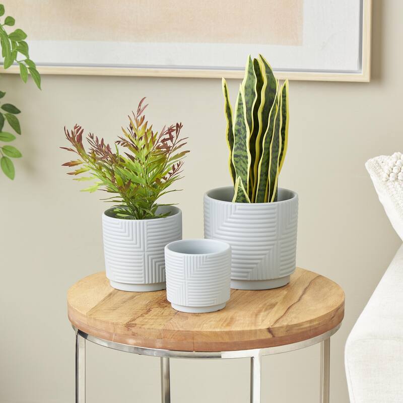 Ceramic Geometric Indoor Outdoor Planter with Layered Square Shaped Grooves - Set of 3 Pink, Cream or Gray - Roche River Decor