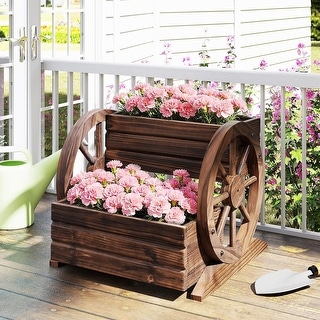 2-Tier Wood Wagon Planter Box Rustic Raised Garden Bed with Wheels ...