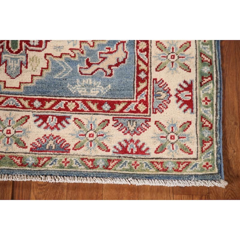 Blue Geometric Kazak Oriental Accent Rug Handmade Wool Carpet - 3'4"x 5'0"
