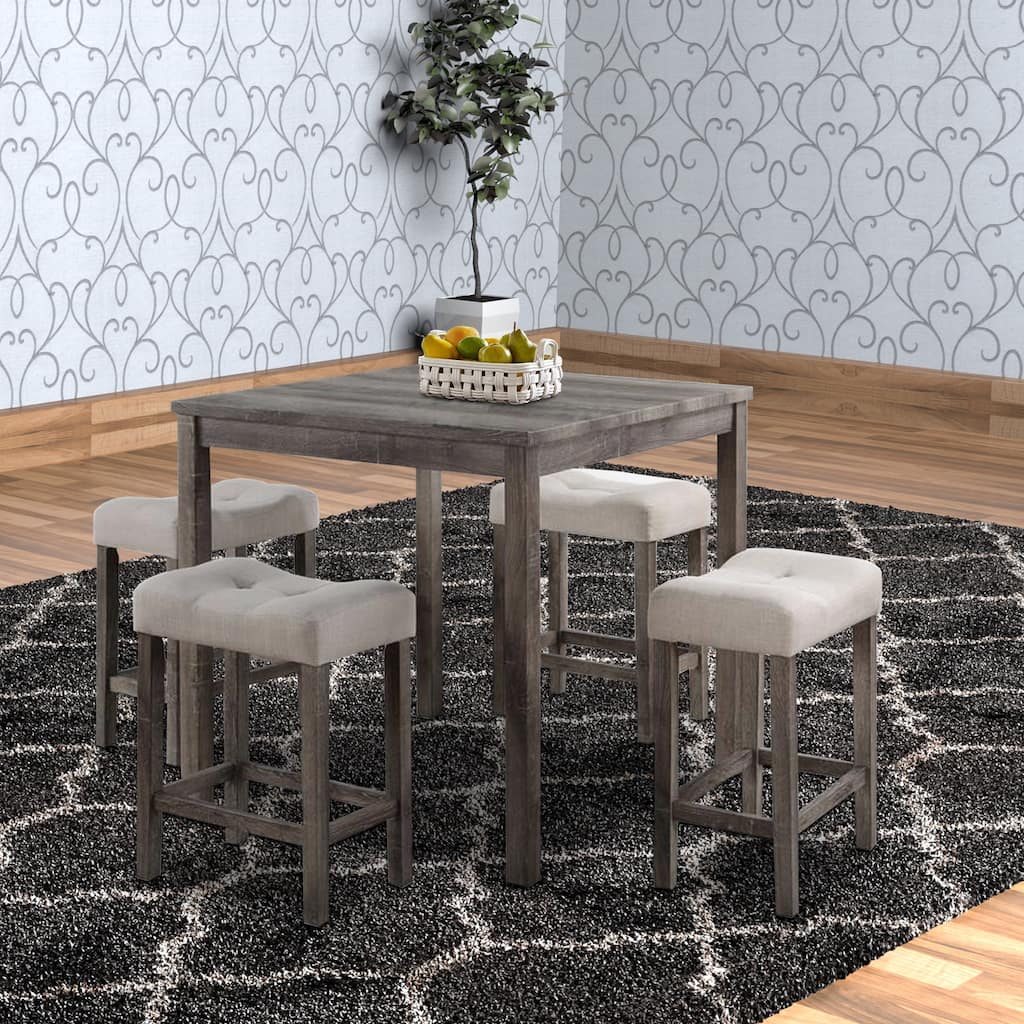 Dana 5 Piece Counter Height Table Set, Deep Tufted Stools, Brown, Beige