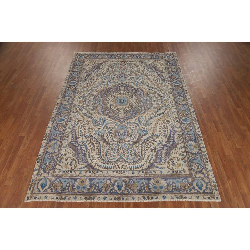 Beige Tabriz Persian Area Rug Hand-Knotted Oriental Wool Carpet - 6'5"x 9'4"