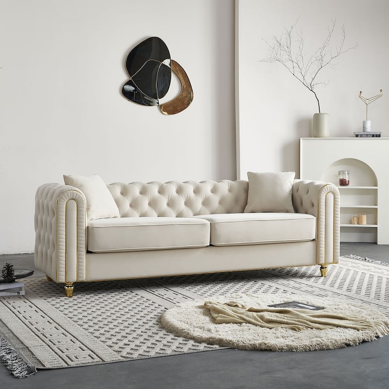 86'' Luxury Modern Tufted Velvet Sofa with 2 Toss Pillows, Beige